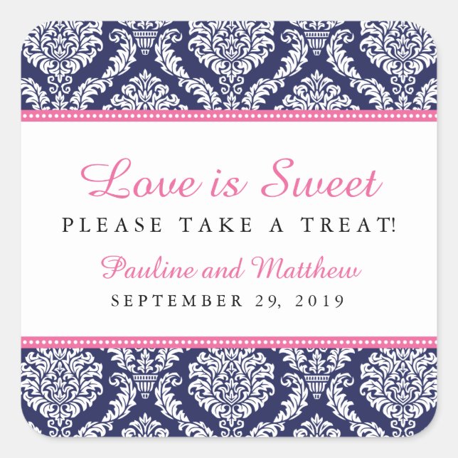 Chic Navy & Pink Damask Wedding Square Sticker (Front)