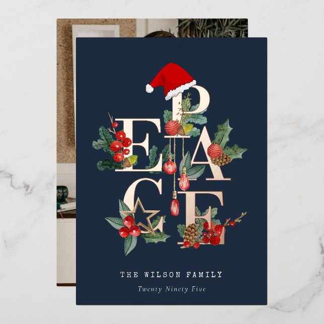 Chic Navy Red Green Photo Peace Christmas Foliage Foil Holiday Card (Front/Back)