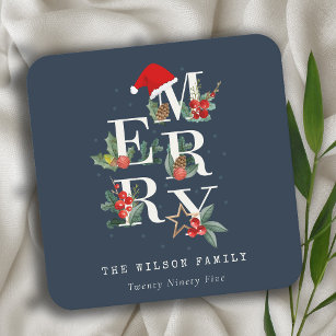 Chic Navy Red Green White Merry Christmas Foliage Square Paper Coaster