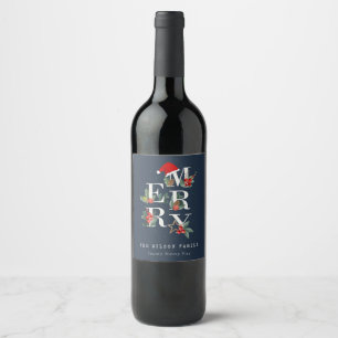 Chic Navy Red Green White Merry Christmas Foliage Wine Label