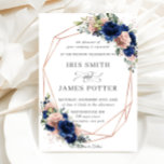 Chic Navy Rose Gold Blush Floral Wedding Geometric Invitation<br><div class="desc">This chic wedding invitation features a rose gold glitter geometric frame adorned by rustic watercolor navy blue, blush pink floral and green foliage arrangements. Personalise it with your details easily and quickly, simply press the customise it button to further re-arrange and format the style and placement of the text. (c)...</div>