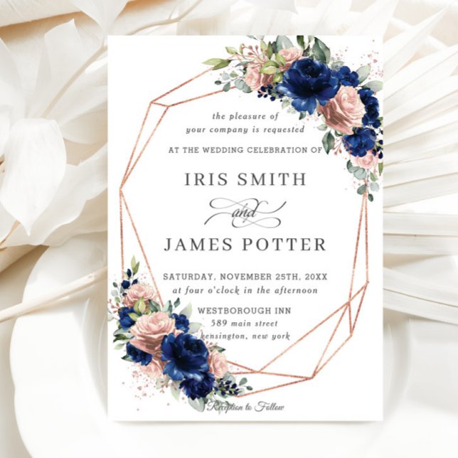 Chic Navy Rose Gold Blush Floral Wedding Geometric Invitation (Creator Uploaded)