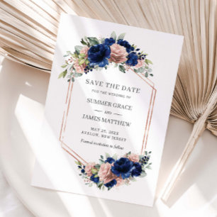 Chic Navy Rose Gold Blush Floral Wedding Geometric Save The Date