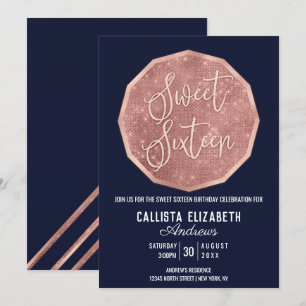 Chic Navy Rose Gold Glitter Polygon Geo Sweet 16 Invitation