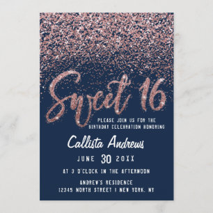 Chic Navy Rose Gold Scattered Glitter Sweet 16 Invitation