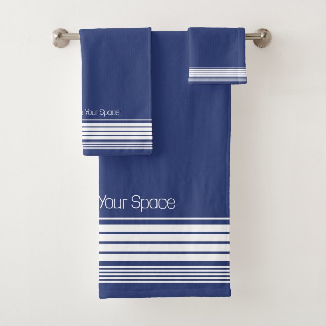 Chic Navy Striped Personalised Bath Towel Set (Insitu)