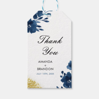 Chic Navy Watercolor Flowers Gold Glitter Wedding Gift Tags
