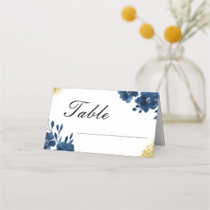 Chic Navy Watercolor Flowers Gold Glitter Wedding Place Card