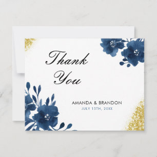 Chic Navy Watercolor Flowers Gold Glitter Wedding Thank You Card