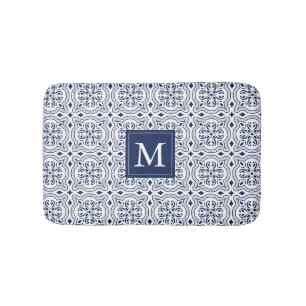 Chic Navy & White Moroccan Tile Pattern Monogram Bath Mat