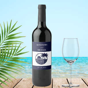 Chic Navy White Stripe Palm Tree Coastal Wedding Wine Label
