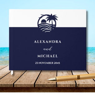 Chic Navy White Tropical Palm Tree Coastal Wedding Guest Book