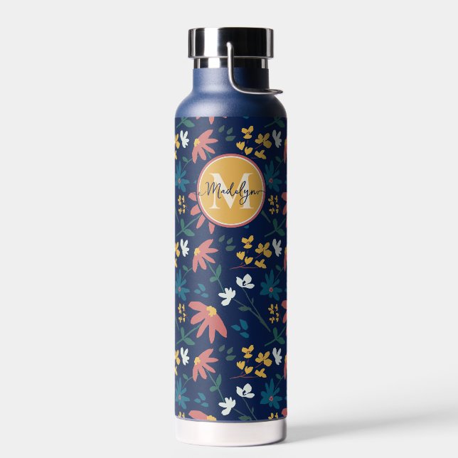 Chic Navy Yellow Monogram Floral Pattern Custom Water Bottle (Left)