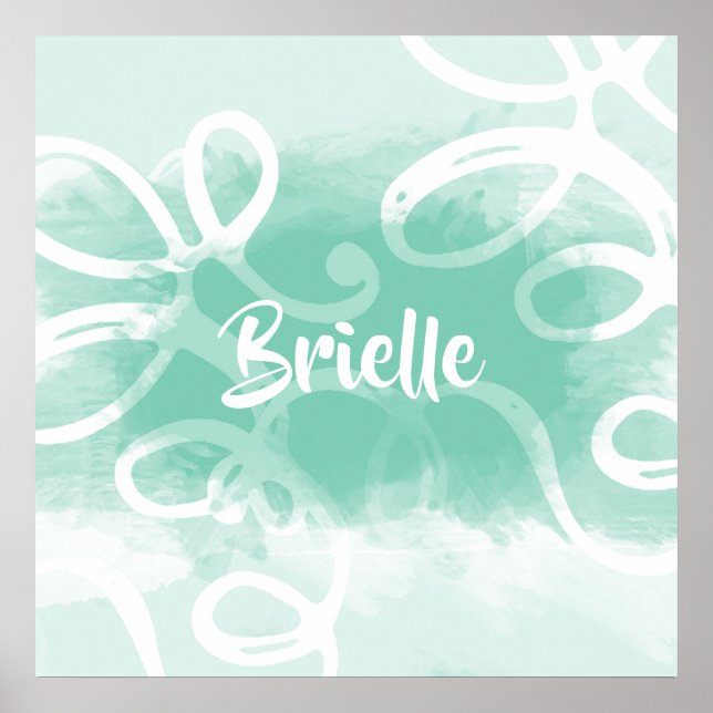 Chic Neo Mint Green Watercolor Swirls With Name Poster (Front)