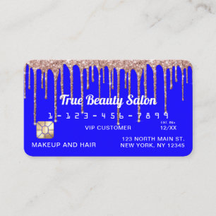 Chic Neon Blue Rose Gold Glitter Drips Credit Business Card