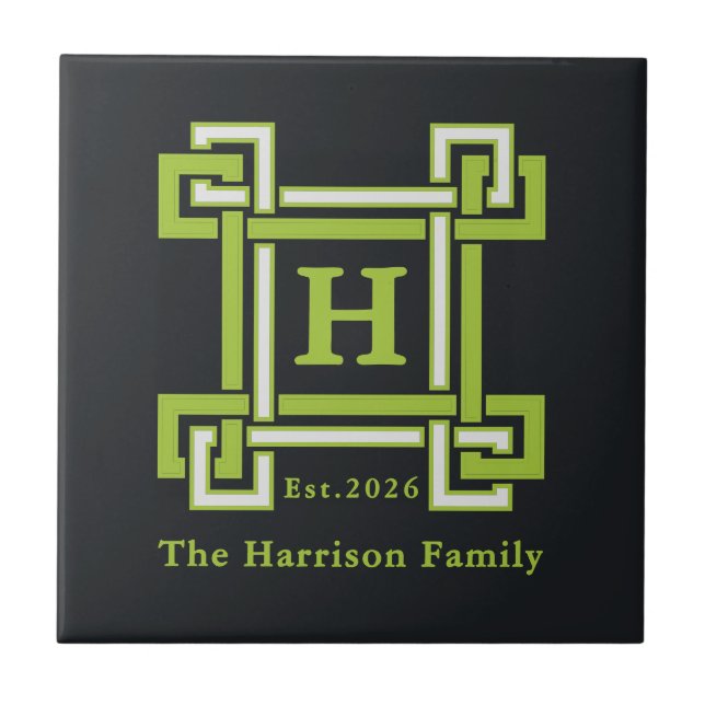 Chic Neon Citrus Green Black Geometric Custom Ceramic Tile (Front)