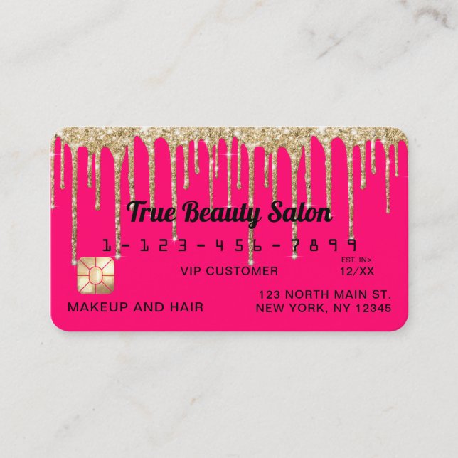 Chic Neon Pink Gold Glitter Drips Credit Business Card (Front)