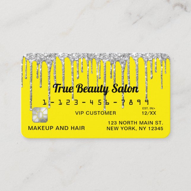 Chic Neon Yellow Silver Glitter Drips Credit Business Card (Front)
