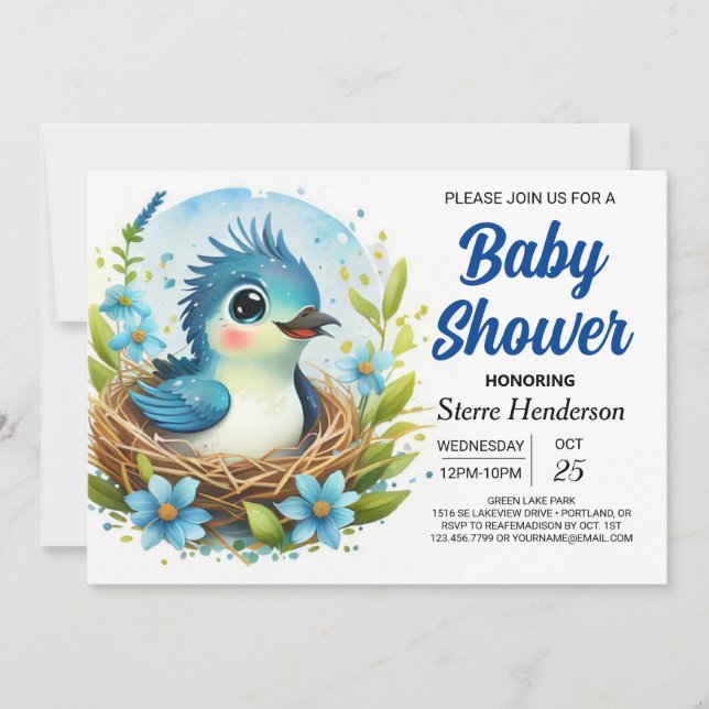 Chic Nest Blue Bird Boy Baby Shower Invitation (Front)