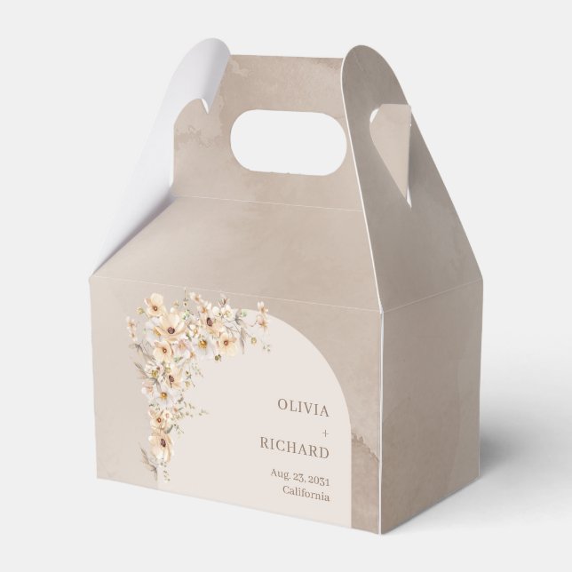 Chic neutral boho arch rustic ivory wildflowers favour box (Front Side)