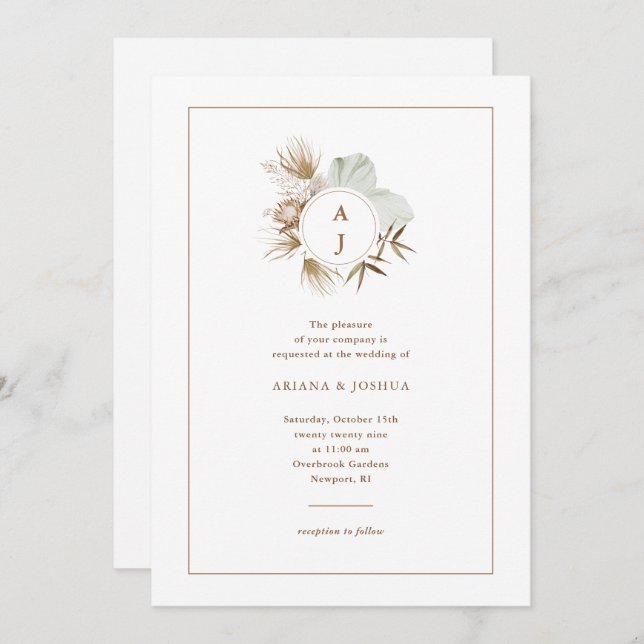 Chic Neutral Boho Monogram Wreath Wedding Invitation (Front/Back)