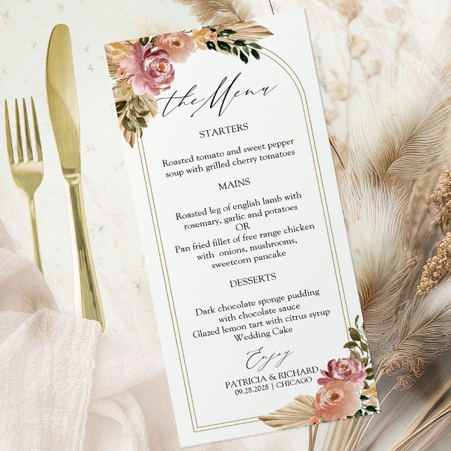 Chic Neutral Colours Boho Floral Wedding Menu Card (Creator Uploaded)