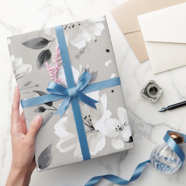 Chic Neutral Flower Grey Floral Pattern Wrapping Paper (Gifting)