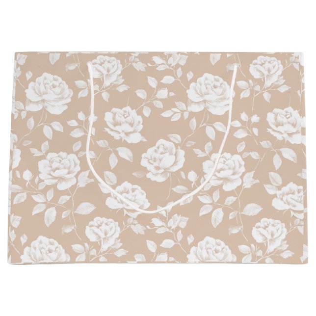Chic Neutral Rose White Floral Pattern Large Gift Bag (Front)