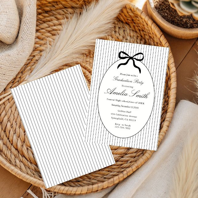 Chic Neutral Striped Bow Graduation Invitation (Creator Uploaded)