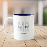 Chic New MR Custom Name Wedding Date Blue Two-Tone Coffee Mug<br><div class="desc">Cute,  modern coffee mug saying MR in modern typography in dusty blue with your family name in trendy script calligraphy on a two-toned coffee mug. Loving the dark navy blue interior but available in many more colours.</div>