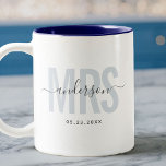 Chic New MRS Custom Name Wedding Date Blue Two-Tone Coffee Mug<br><div class="desc">Cute,  modern coffee mug saying MRS in modern typography in dusty blue with your family name in trendy script calligraphy on a two-toned coffee mug. Loving the pink interior but available in many more colours.</div>