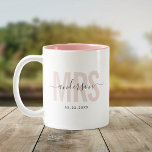 Chic New MRS Custom Name Wedding Date Blush Two-Tone Coffee Mug<br><div class="desc">Cute,  modern coffee mug saying MRS in modern typography in blush pink with your family name in trendy script calligraphy on a two-toned coffee mug. Loving the pink interior but available in many more colours.</div>