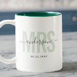 Chic New MRS Custom Name Wedding Date Sage Green Two-Tone Coffee Mug<br><div class="desc">Cute,  modern coffee mug saying MRS in modern typography in sage green with your family name in trendy script calligraphy on a two-toned coffee mug. Loving the pink interior but available in many more colours.</div>
