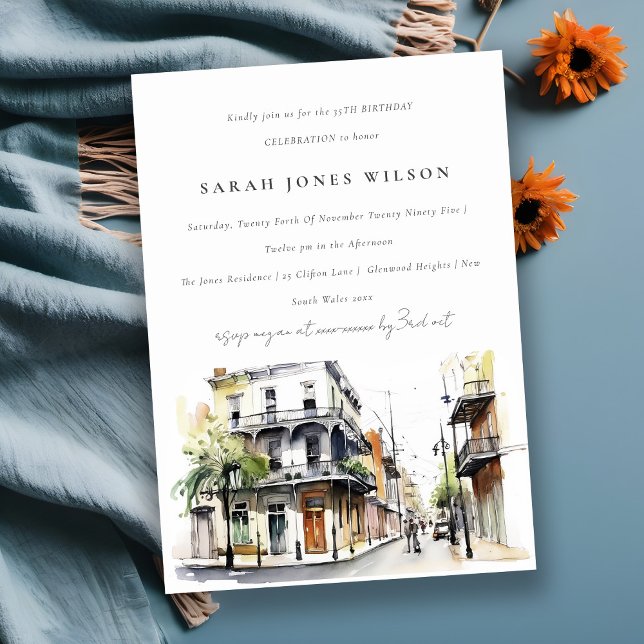 Chic New Orleans Louisiana Watercolor Birthday Invitation (Creator Uploaded)