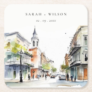 Chic New Orleans Louisiana Watercolor Wedding Square Paper Coaster