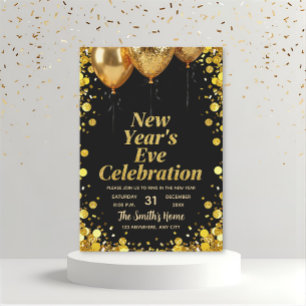 Chic New Year' Eve Party Gold Glitter Black Invitation