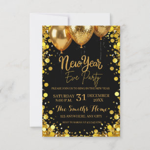 Chic New Year' Eve Party Gold Glitter Black Invitation