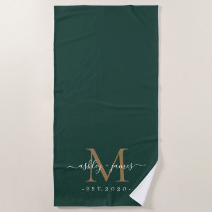 Chic Newlywed Gold Monogram Script Dark Green Beach Towel