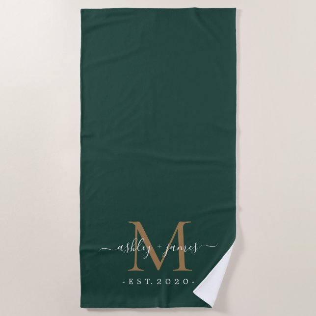 Chic Newlywed Gold Monogram Script Dark Green Beach Towel (Front)