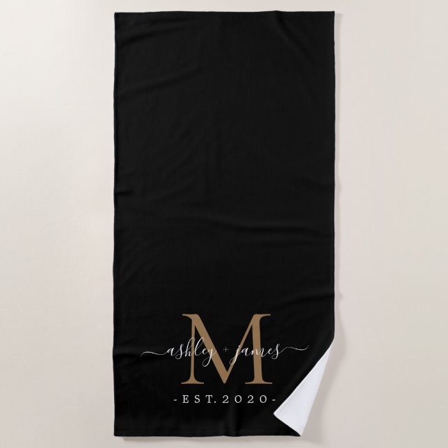 Chic Newlywed Gold Monogram Script Names Black  Beach Towel (Front)