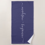 Chic Newlywed Monogram Names Navy Blue Beach Towel<br><div class="desc">Chic monogrammed beach towel with the names of the newly weds in handwritten white elegant script calligraphy on a navy blue background. Simply add your names. Perfect gift for the newlywed couple or engaged couple. Exclusively designed for you by Happy Dolphin Studio. If you need any help or matching products,...</div>