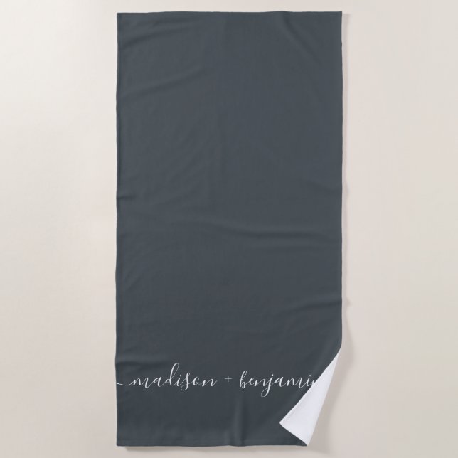 Chic Newlywed Monogram Names OffBlack Beach Towel (Front)
