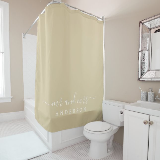 Chic Newlywed Mr Mrs Beige Sand Monogram Shower Curtain (In Situ)