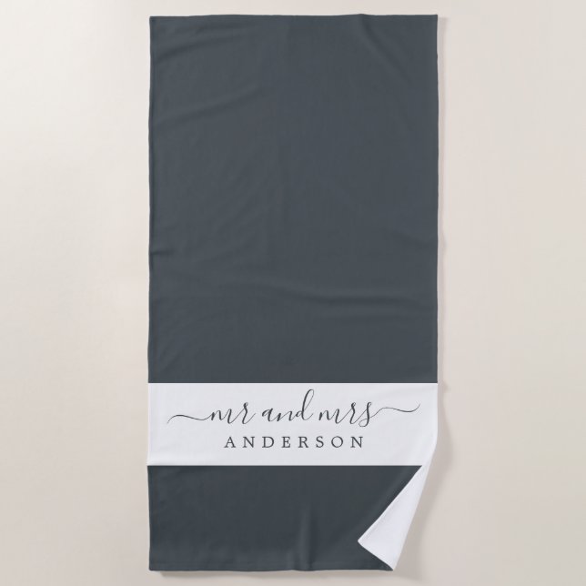 Chic Newlywed Mr Mrs Black and White Monogrammed Beach Towel (Front)