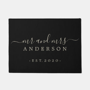 Chic Newlywed Mr Mrs Black Grey Family Monogram Doormat