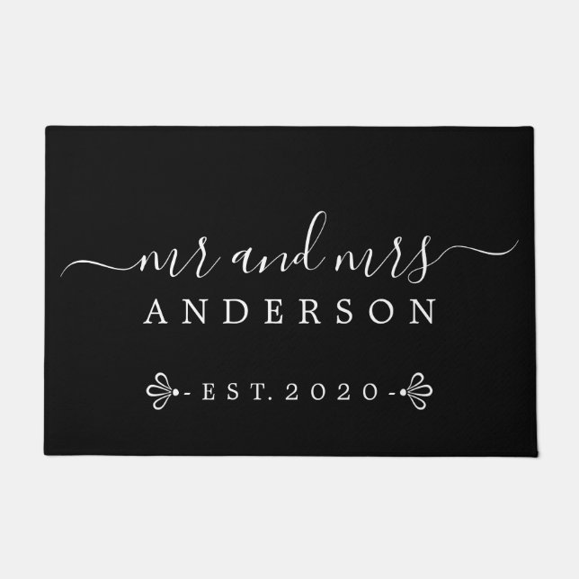 Chic Newlywed Mr Mrs Black White Family Monogram Doormat (Front)