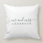 Chic Newlywed Mr Mrs Black White Monogram Cushion<br><div class="desc">Chic, modern monogrammed black and white pillow with the text Mr and Mrs in off-black elegant script on a white background. Simply add your married name. Perfect gift for the newlywed couple. Exclusively designed for you by Happy Dolphin Studio. If you need any help or matching products please contact us...</div>