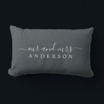 Chic Newlywed Mr Mrs Black White Monogram Lumbar Cushion<br><div class="desc">Chic, modern monogrammed black and white pillow with the text Mr and Mrs in white elegant script. Simply add your married name. The off-black colour black forest is used for this stylish design. Perfect luxury gift for the newlywed couple. Exclusively designed for you by Happy Dolphin Studio. If you need...</div>