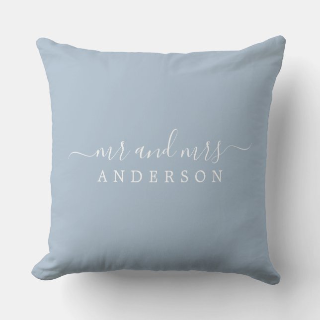 Chic Newlywed Mr Mrs Blue Monogram Cushion (Front)