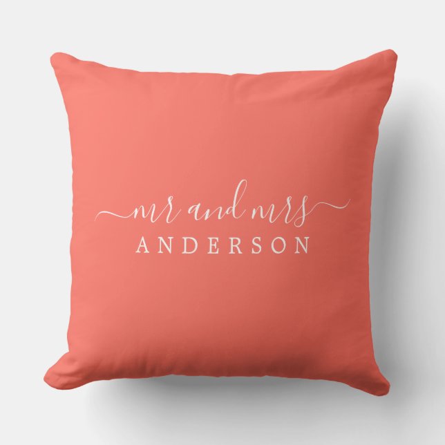 Chic Newlywed Mr Mrs Coral Monogram Cushion (Front)